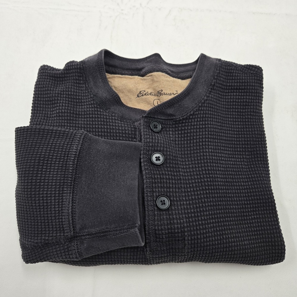 Eddie Bauer Waffle Knit Thermal Men's Size Large Long Sleeve Black Vintage